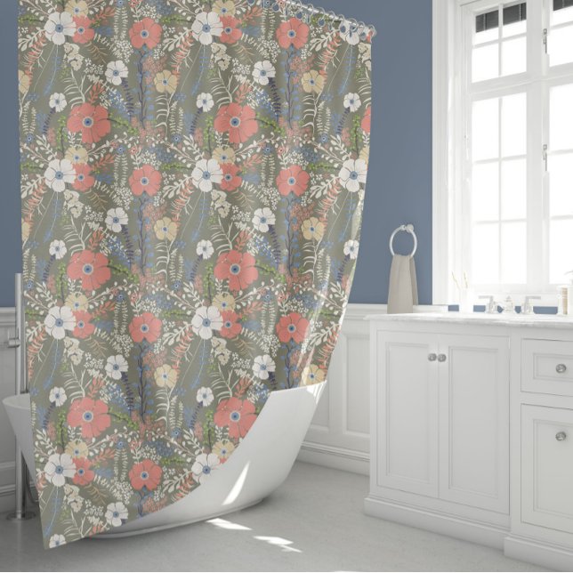 Elegant Coral Blue Green Floral Patten Shower Curtain (Elegant Coral Blue Green Floral Patten Shower Curtain from Studio Posies.)