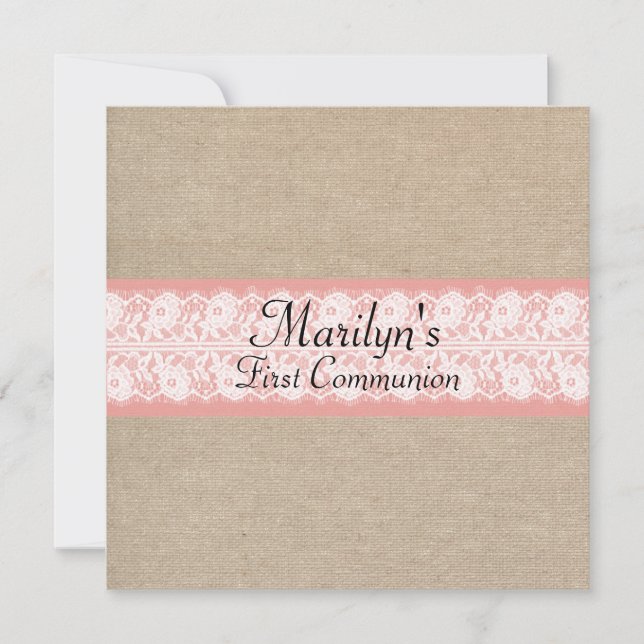 Elegant Coral Burlap Lace First Communion Invite (Front)