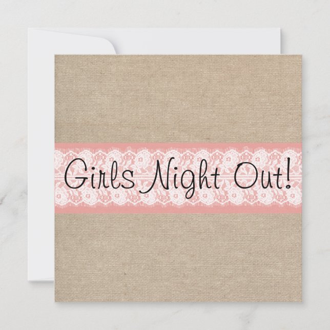 Elegant Coral Burlap Lace Girls Night Out Invite (Front)