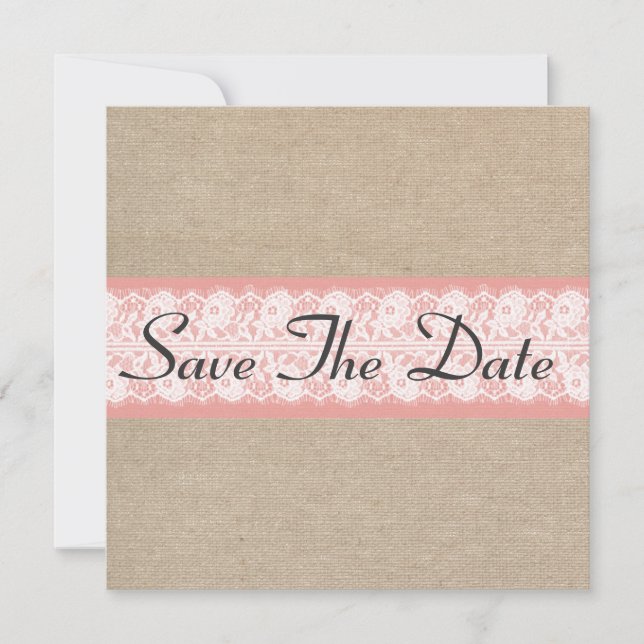 Elegant Coral Burlap Lace Save The Date (Front)