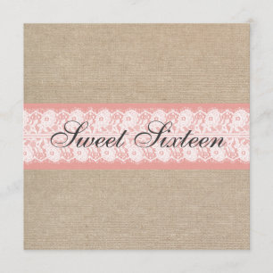 Elegant Coral Burlap Lace Sweet Sixteen Birthday Invitation