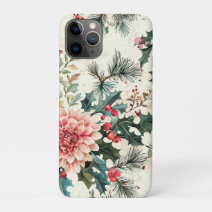 Elegant Coral Dahlia Holly Christmas Cream iPhone 11 Pro Case