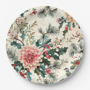 Elegant Coral Dahlia Holly Christmas Cream Paper Plate