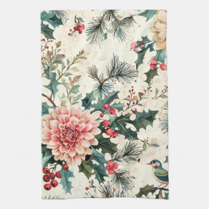 Elegant Coral Dahlia Holly Christmas Cream Tea Towel