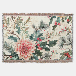 Elegant Coral Dahlia Holly Christmas Cream Throw Blanket