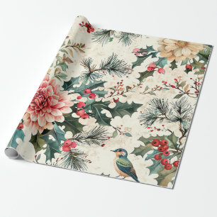 Elegant Coral Dahlia Holly Christmas Cream Wrapping Paper