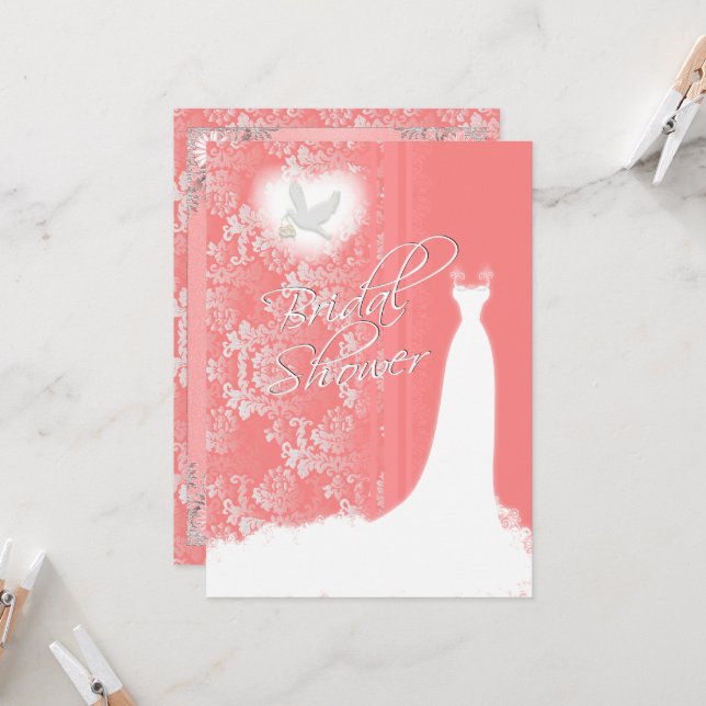 Elegant Coral Damask Bridal Shower Invitation (Front/Back In Situ)