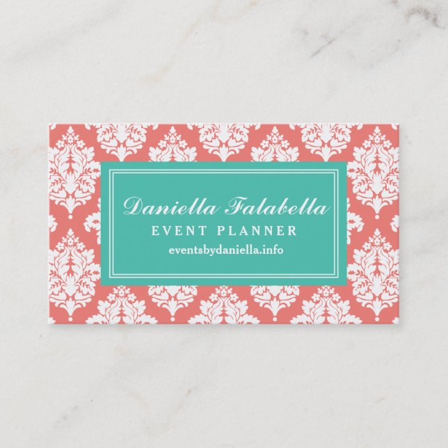 Elegant Coral Damask Personalised Business Card (Front)