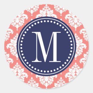 Elegant Coral Damask Personalised Classic Round Sticker