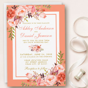 Elegant Coral Floral and Gold Wedding Invitation