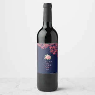 Elegant Coral Floral and Lace Wine Label