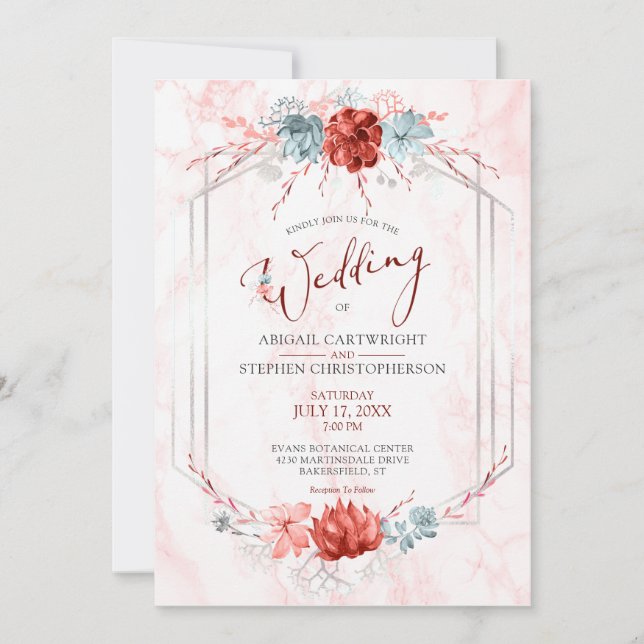 Elegant Coral Floral Geometric Marble Wedding Invitation (Front)