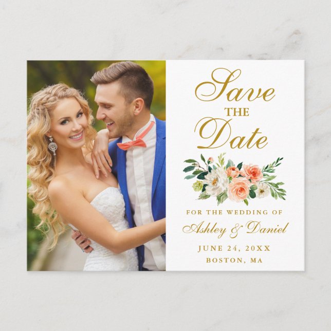 Elegant Coral Floral Gold Photo Save The Date Postcard (Front)