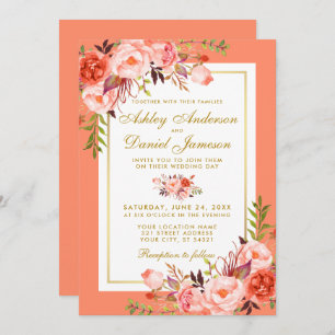 Elegant Coral Floral Gold Wedding Invitation