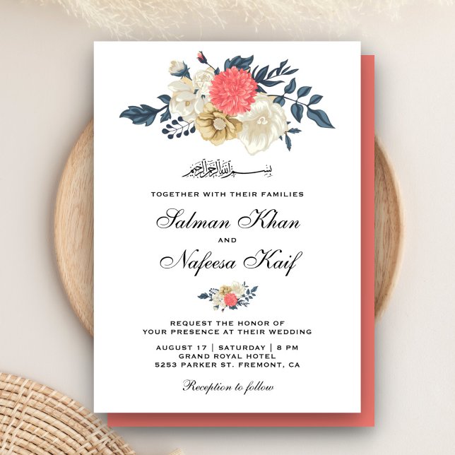 Elegant Coral Floral Islamic Muslim Wedding Invitation (Creator Uploaded)