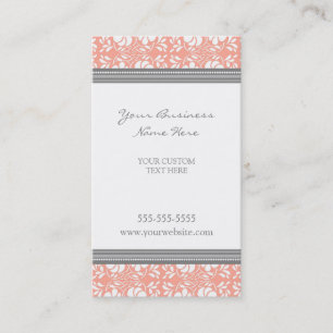 Elegant Coral Grey Damask Business Cards