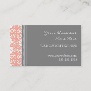 Elegant Coral Grey Damask Business Cards