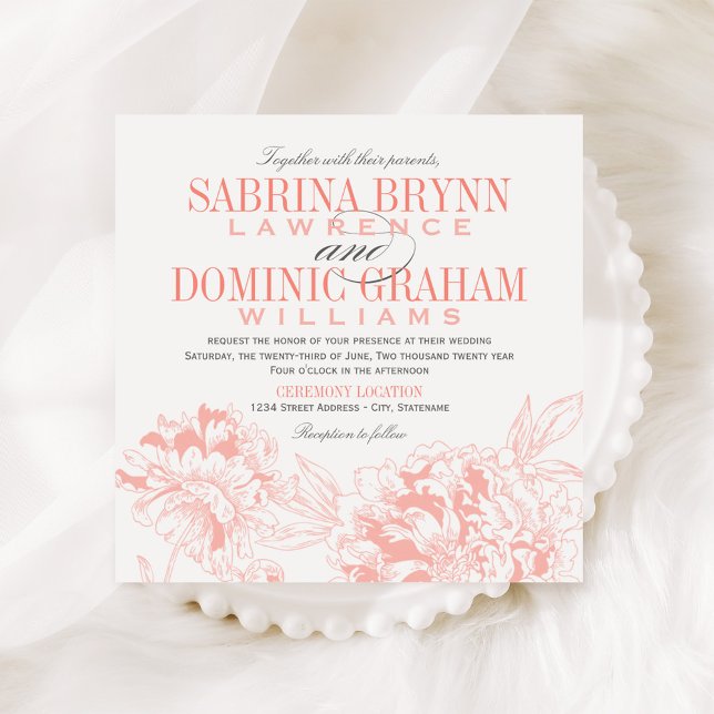 Elegant Coral Grey Floral Peony Wedding Invitation (Creator Uploaded)