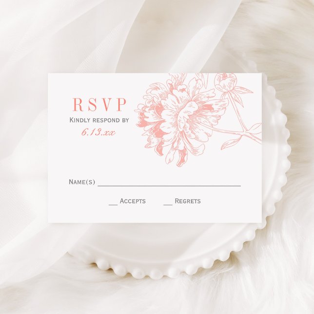 Elegant Coral Grey Floral Peony Wedding RSVP Card (Creator Uploaded)