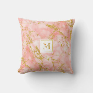 Elegant Coral Marble Monogram Faux Gold Glitter Cushion