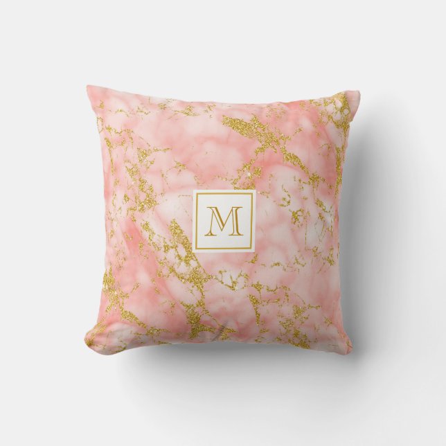 Elegant Coral Marble Monogram Faux Gold Glitter Cushion (Front)