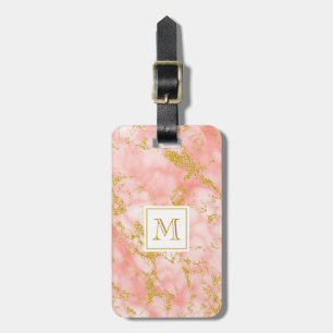 Elegant Coral Marble Monogram Faux Gold Glitter Luggage Tag