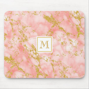 Elegant Coral Marble Monogram Faux Gold Glitter Mouse Pad