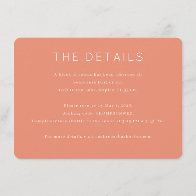 Elegant Coral Minimalist Event Details Enclosure Card (Front)