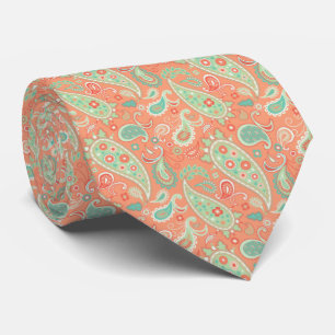 Elegant Coral & Mint Green Floral Paisley Tie