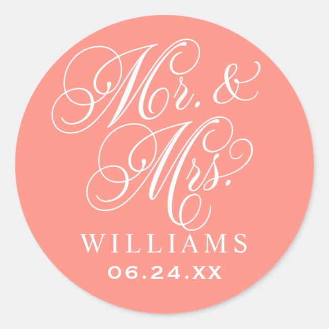 Elegant Coral Mr and Mrs Script Monogram Classic Round Sticker (Front)