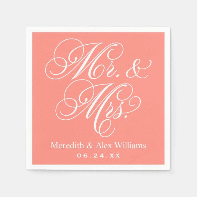 Elegant Coral Mr and Mrs Script Wedding Napkin (Front)
