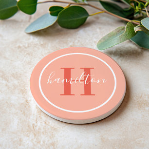 Elegant Coral Orange Custom Monogram Initial Coaster
