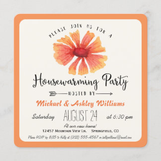 Elegant Coral Orange Floral Housewarming Party Invitation