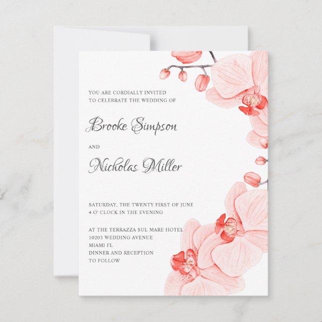 Elegant Coral  orchid Elegant Botanical Wedding  Invitation (Front)
