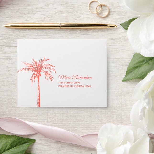 Elegant Coral Palm Tree Beach Wedding RSVP Envelope (Wedding)
