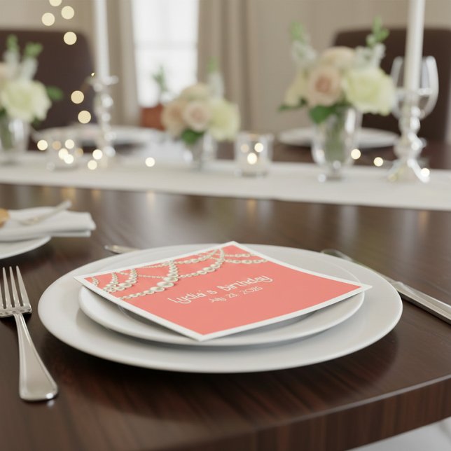 Elegant Coral Paper Napkins with Pearl Accents (Creator Uploaded)