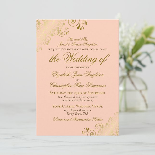 Elegant Coral Peach & Gold Classic Formal Wedding Invitation (Standing Front)