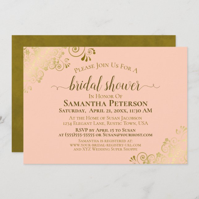 Elegant Coral Peach Gold Lace Frills Bridal Shower Invitation (Front/Back)