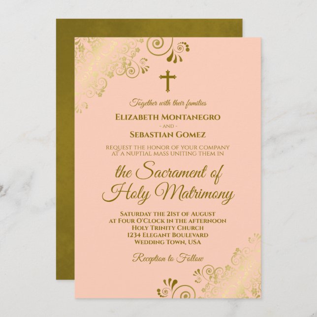 Elegant Coral Peach & Gold Modern Catholic Wedding Invitation (Front/Back)
