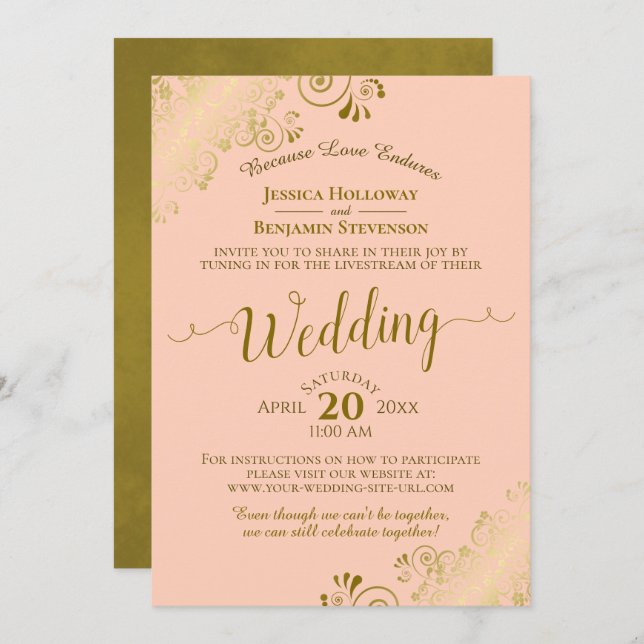 Elegant Coral Peach & Gold Wedding Livestream Invitation (Front/Back)