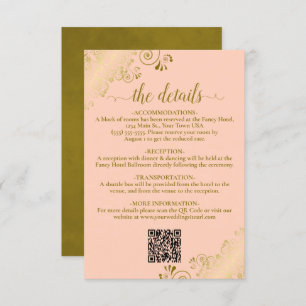 Elegant Coral Peach & Gold Wedding QR Code Details Enclosure Card