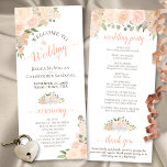 Elegant Coral Peach Watercolor Floral Wedding Program<br><div class="desc">This beautiful wedding program features an elegant floral boho chic design with hand painted roses and blossoms in shades of coral, peach, and light orange, surrounded by delicate sprigs of eucalyptus leaves and garden greenery. The titles are written in fancy script calligraphy, and there is space for your ceremony and...</div>