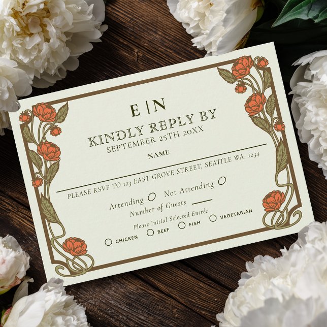 Elegant Coral Peony Art Nouveau Floral Wedding RSVP Card (Creator Uploaded)