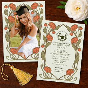 Elegant Coral Peony Art Nouveau Graduation Party Invitation