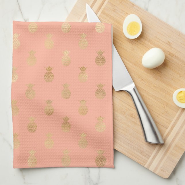 Elegant Coral Pink and Gold Pineapple Pattern Tea Towel (Quarter Fold)