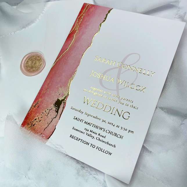 Elegant Coral Pink and Gold Wedding (Elegant Coral Pink and Gold Wedding Foil Invitation with pink and gold Envelope wax seal.)