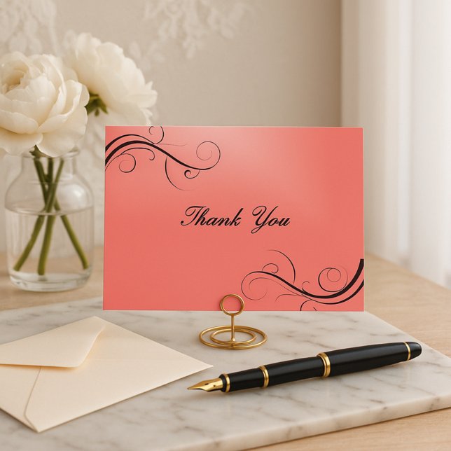 Elegant Coral Pink & Black Flourish Thank You  Postcard (Creator Uploaded)