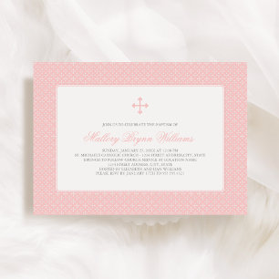 Elegant Coral Pink Cross Pattern Girl Baptism Invitation