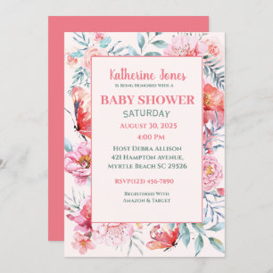 Elegant Coral Pink Floral Baby Shower Invitation