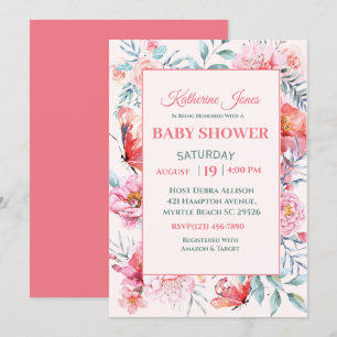 Elegant Coral Pink Floral Baby Shower Invitation